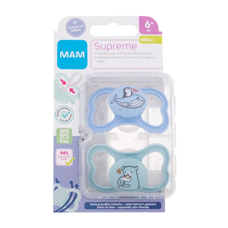 MAM Supreme Silicone Pacifier 6m+ Blue &amp; Turquoise Suzete pentru copii 2 buc