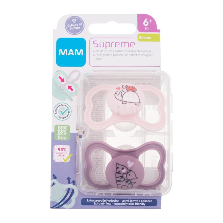 MAM Supreme Silicone Pacifier 6m+ Pink &amp; Violet Suzete pentru copii 2 buc