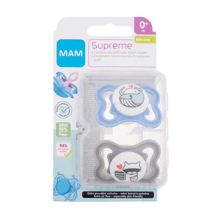 MAM Supreme Silicone Pacifier 0m+ Blue &amp; Grey Suzete pentru copii 2 buc