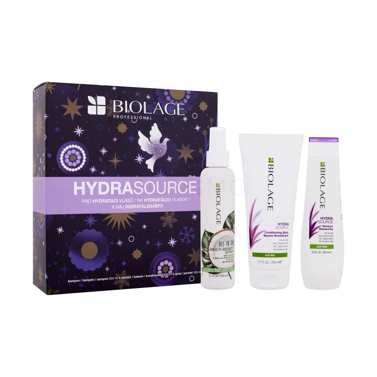 Biolage Hydra Source Set cadou Șampon Hydra Source Shampoo 250 ml + balsam de păr Hydra Source Conditioner 200 ml + spray de păr All-In-One Coconut Infusion 150 ml