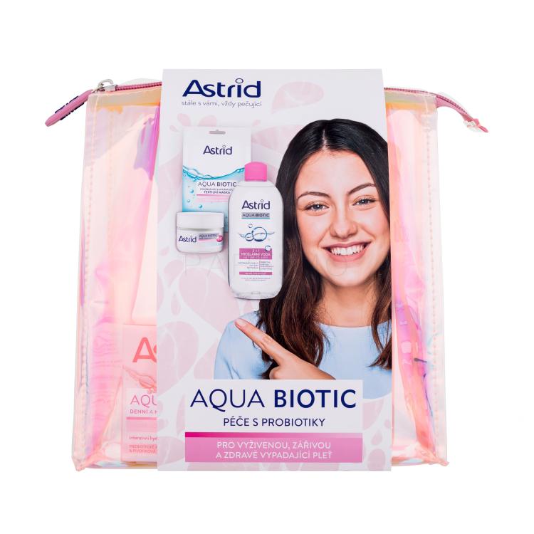 Astrid Aqua Biotic Set cadou Cremă de zi și de noapte Aqua Biotic 50 ml + apă micelară Aqua Biotic 3in1 400 ml + mască de față textilă Aqua Biotic Anti-Fatigue and Quenching Tissue Mask 1 buc + geantă cosmetică