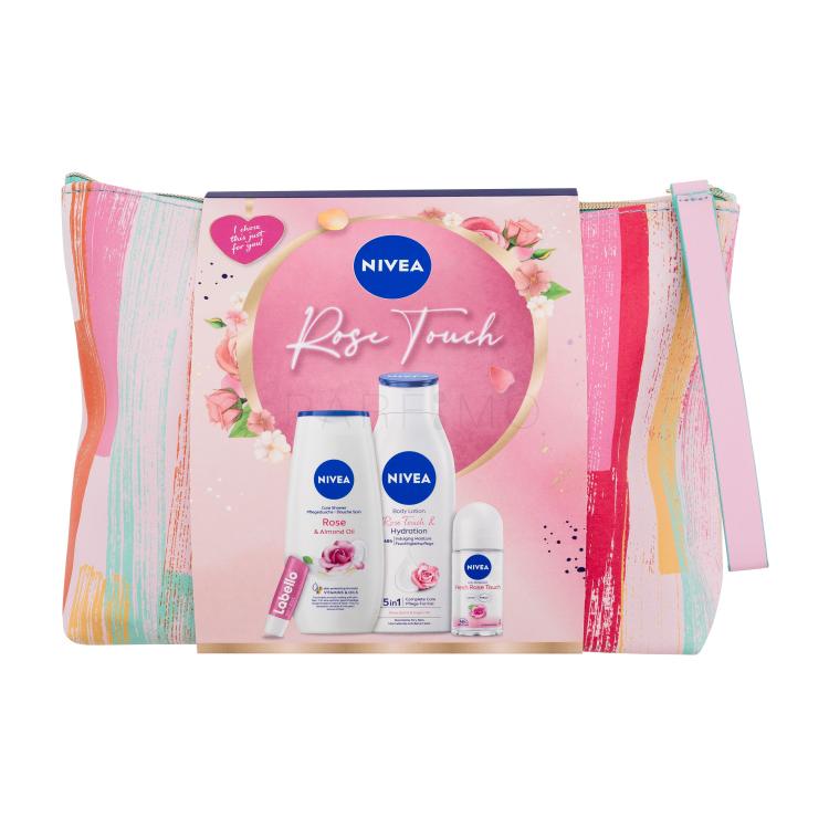 Nivea Rose Touch Set cadou Lotiune de corp Rose Touch 400 ml + gel de dus Rose &amp; Almond Oil 250 ml + antiperspirant roll-on Fresh Rose Touch 50 ml + balsam de buze Labello Soft Rosé 4,8 g + geanta cosmetica