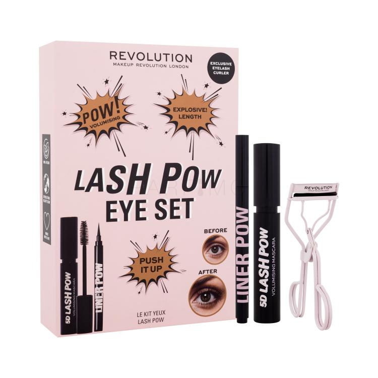 Makeup Revolution London Lash Pow Eye Set Set cadou Mascara 5D Lash Pow Mascara 12,2 ml + tus de ochi Liner Pow 0,5 ml Negru + cleste pentru gene Cutie cu defect