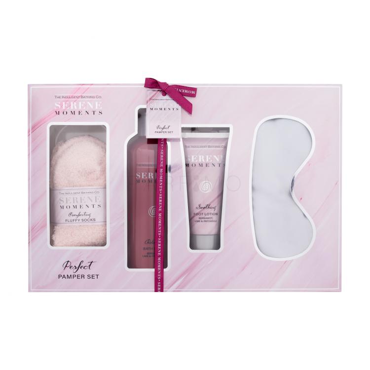 The Indulgent Bathing Co. Serene Moments Perfect Pamper Set Set cadou Spumă de baie Relaxing Bath Foam Bergamot, Lime &amp; Patchouli 300 ml + loțiune de picioare Soothing Foot Lotion Bergamot, Lime &amp; Patchouli 100 ml + mască pentru dormit din satin 1 buc + sosete Luxury Socks 1 pereche