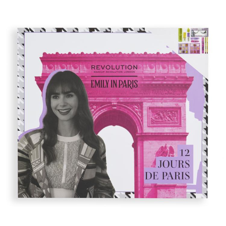 Makeup Revolution London Emily In Paris 12 Jours De Paris Advent Calendar Set cadou Fard de pleoape 3 buc + mascara 1 buc + burete pentru machiaj 1 buc + spray fixator 1 buc + ruj de buze 2 buc + baza pentru machiaj 1 buc + gene false 1 pereche + creion de buze 2 buc