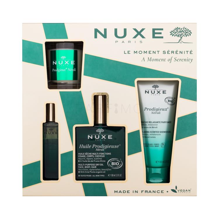 NUXE A Moment Of Serenity Set cadou Ulei uscat Huile Prodigieuse Néroli 100 ml + apa de parfum Prodigieux Néroli Le Parfum 15 ml + gel de dus Prodigieux Néroli Relaxing Scented Shower Gel 100 ml + lumanare Prodigieux Néroli 70 g