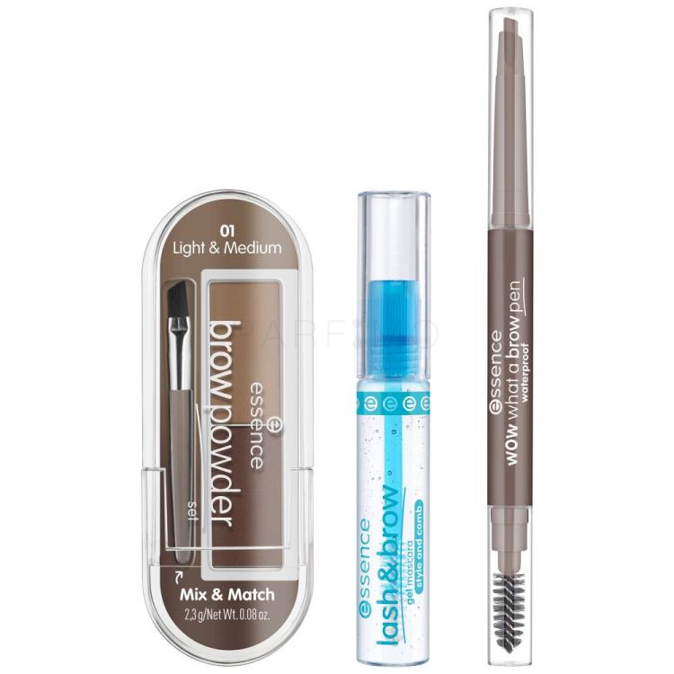 Essence Easy &amp; Wow Brow Set Set cadou Creion de sprancene What A Brow Pen Waterproof 0,2 g 01 Light Brown + mascara pentru sprancene Lash &amp; Brow Gel Mascara 9 ml + pudra de sprancene Brow Powder 2,3 g 01 Light &amp; Medium