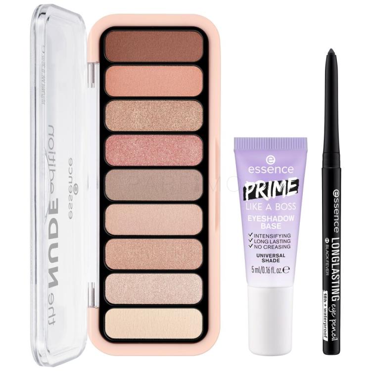 Essence The Nude Eye Set Set cadou Paleta de farduri de pleoape The Nude Edition 10 g + creion de ochi rezistent 0,28 g 01 Black Fever + baza de machiaj pentru pleoape Prime Like A Boss 5 ml