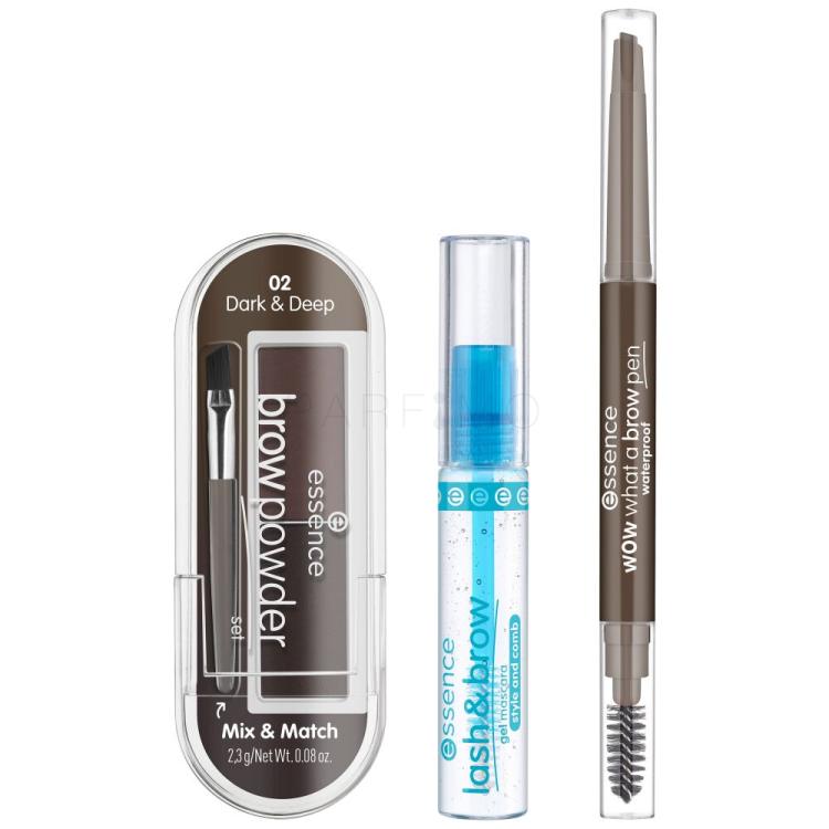 Essence Easy &amp; Wow Brow Set Set cadou Creion de sprancene What A Brow Pen Waterproof 0,2 g 03 Dark Brown + mascara pentru sprancene Lash &amp; Brow Gel Mascara 9 ml + pudra de sprancene Brow Powder 2,3 g 02 Dark &amp; Deep