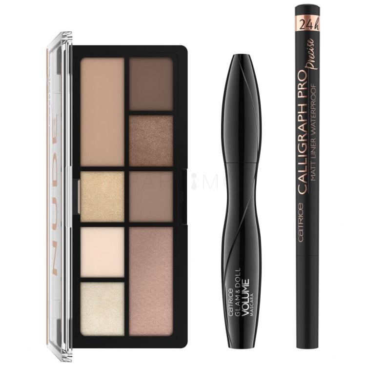 Catrice The Pure Glam Eye Set Set cadou Paleta farduri de pleoape Pure Nude 9 g + mascara Glam &amp; Doll Volume 10 ml 010 + Calligraph Pro Precise 24H Matt Liner Waterproof 1,2 ml 010 Black Intense