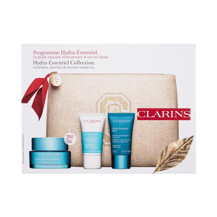 Clarins Hydra-Essentiel [HA²] Collection Set cadou Crema de fata Hydra-Essentiel [HA2] Silky Cream 50 ml + exfoliant facial Fresh Scrub 15 ml + crema de noapte Hydra-Essentiel [HA2] Night Care 15 ml + geanta cosmetica ecologica