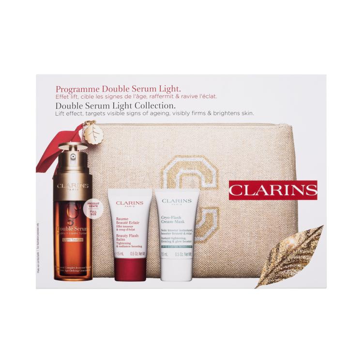 Clarins Double Serum Light Collection Set cadou Ser pentru fata Double Serum Light Texture 50 ml + balsam facial  Beauty Flash Balm 15 ml + crema de fata cremoasa Cryo-Flash Cream-Mask 15 ml + geanta cosmetica ecologica