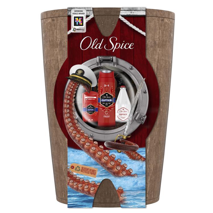 Old Spice Captain Set cadou Deostick 50 ml + gel de duș 3în1 250 ml + aftershave 100 ml + butoi de lemn