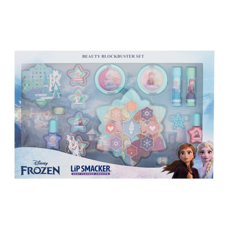 Lip Smacker Disney Frozen Beauty Blockbuster Set Set cadou Balsam de buze 2 x 3,4 g + iluminator 3 x 0,8 g și 6 x 0,9 g + luciu de buze 4 x 2 g + lac de unghii 2 x 4,25 ml + paleta de farduri 0,75 g + paleta de farduri și iluminatoare 0,75 g + inel 2 buc + agrafe de păr + stickere de unghii + pandan
