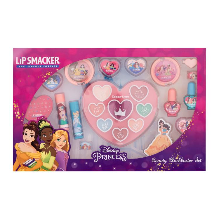 Lip Smacker Disney Princess Beauty Blockbuster Set Set cadou Balsam de buze 2 x 3,4 g + iluminator 4 x 1,2 g și 4 x 0,9 g + luciu de buze 4 x 2,1 g + lac de unghii 2 x 4,25 ml + paleta de farduri 0,75 g + paleta de farduri și iluminatoare 0,75 g + inel 2 buc + agrafa de păr + pilă de unghii + autoco