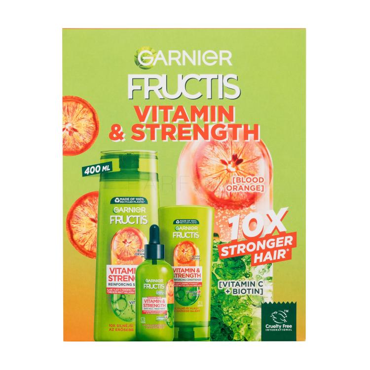 Garnier Fructis Vitamin &amp; Strength Set cadou Șampon Fructis Vitamin &amp; Strength Reinforcing Shampoo 400 ml + balsam Fructis Vitamin &amp; Strength Reinforcing Conditioner 200 ml + serum pentru păr Fructis Vitamin &amp; Strength Anti-Fall Treatment 125 ml Cutie cu defect