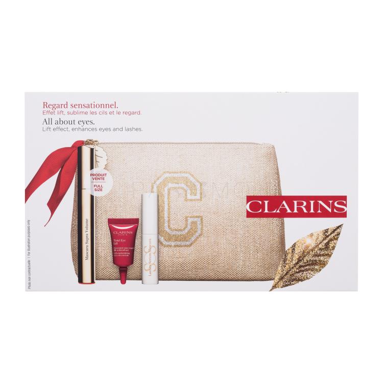 Clarins Mascara Supra Volume Set cadou Mascara Supra Volume 8 ml + crema de ochi Total Eye Lift 3 ml + SOS Lashes Serum Mascara 3 ml + geanta cosmetica