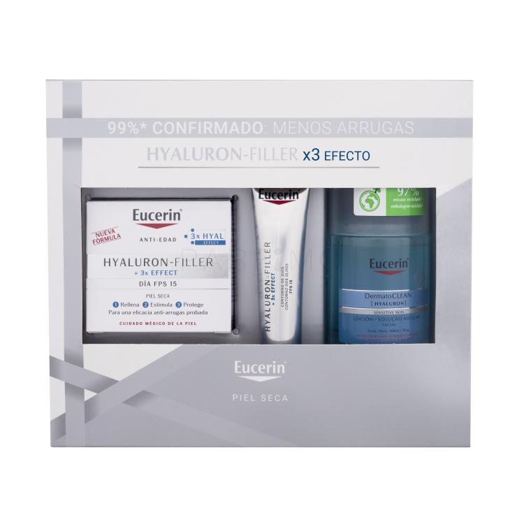 Eucerin Hyaluron-Filler + 3x Effect Set cadou Crema de zi Hyaluron-Filler 3x Effect 50 ml + apa micelara DermatoClean Hyaluron Micellar Water 100 ml + crema de ochi Hyaluron-Filler 3x Effect 15 ml