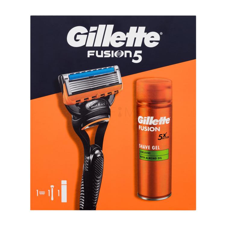 Gillette Fusion5 Set cadou Aparat de ras Fusion5 1 buc + gel de ras Fusion Shave Gel Sensitive 200 ml Cutie cu defect