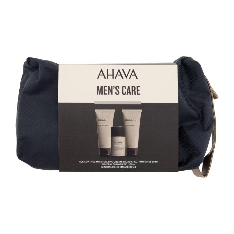 AHAVA Men Time To Energize Set cadou Crema hidratantă Age Control Moisturizing Cream 50 ml + gel de duș Mineral Shower Gel 100 ml + cremă de mâini Mineral Hand Cream 100 ml + geantă cosmetică