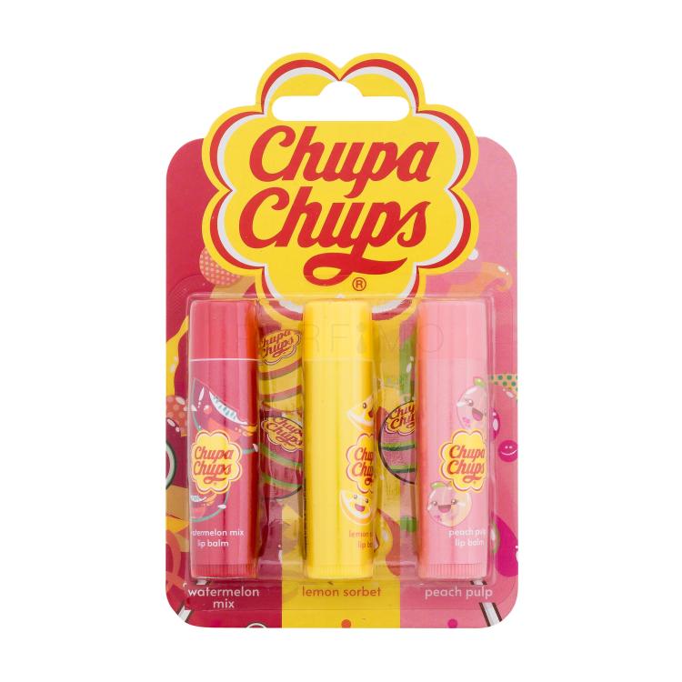 Chupa Chups Lip Balm Trio Set cadou Balsam de buze 4 g Pepene verde + balsam de buze 4 g Pulpă de piersici + balsam de buze 4 g Sorbet de lămâie