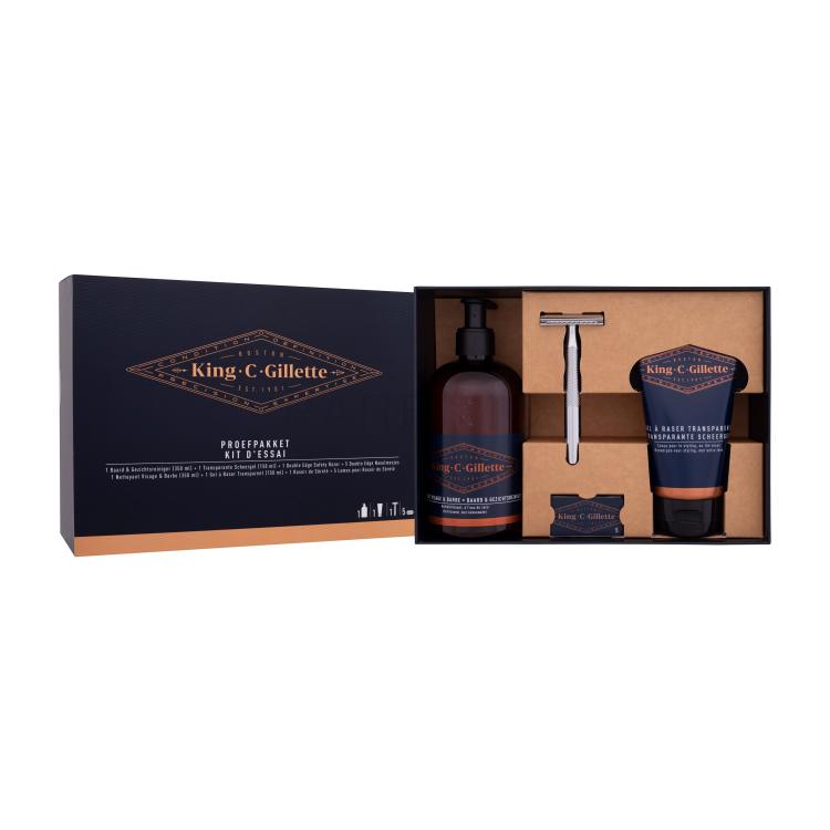 Gillette King C. Set cadou Aparat de ras cu un cap Double Edge Safety Razor 1 buc + lama de rezerva Double Edge Safety Razor Blades 5 buc + sapun pentru fata si barba Beard &amp; Face Wash 350 ml + gel de barbierit Transparent Shave Gel 150 ml