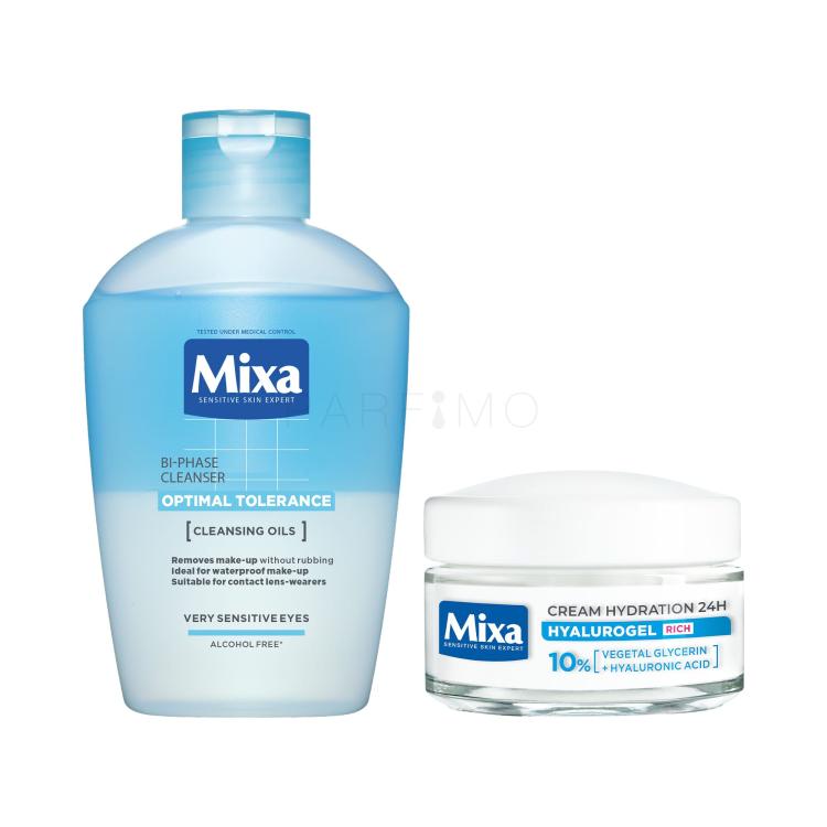 Set Demachiant de ochi Mixa Optimal Tolerance Bi-phase Cleanser + Cremă de zi Mixa Hyalurogel Rich