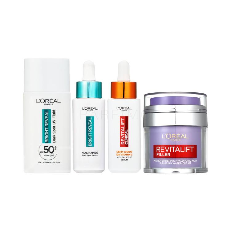 Set Ser facial L&#039;Oréal Paris Revitalift Clinical Pure 12% Vitamin C + Ser facial L&#039;Oréal Paris Bright Reveal Niacinamide Dark Spot Serum + Cremă de zi L&#039;Oréal Paris Revitalift Filler HA Plumping Water-Cream + Cremă de zi L&#039;Oréal Paris Bright Reveal Dark Spot UV Fluid SPF50+