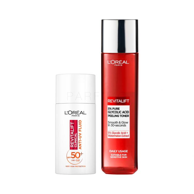 Set Cremă de zi L&#039;Oréal Paris Revitalift Clinical Anti-UV Fluid SPF50+ + Loțiuni și ape termale L&#039;Oréal Paris Revitalift 5% Pure Glycolic Acid Peeling Toner