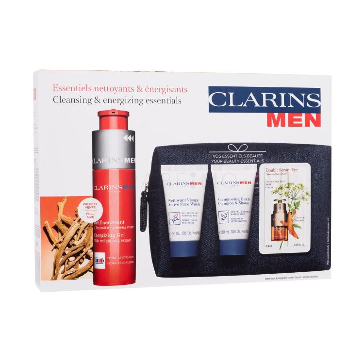 Clarins Men Energizing Gel Set cadou Gel pentru fata Energizing Gel 50 ml + gel de curatare Active Face Wash 30 ml + sampon si gel de dus Shampoo &amp; Shower 30 ml + ser pentru ochi Double Serum Eye 0,9 ml + geantă de cosmetice