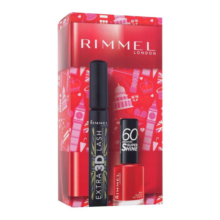 Rimmel London Extra 3D Lash Set cadou Mascara Extra 3D Lash 8 ml 003 Extreme Black + lac de unghii 60 Seconds Super Shine 8 ml 315 Queen of Tarts