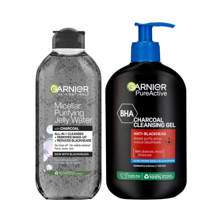 Set Gel demachiant Garnier Pure Active Charcoal Cleansing Gel + Apă micelară Garnier Skin Naturals Micellar Purifying Jelly Water