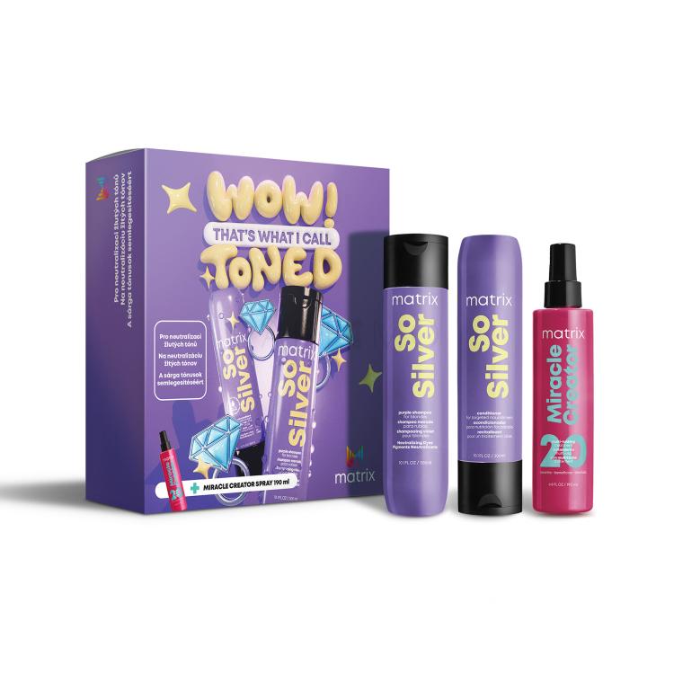 Matrix So Silver Set cadou Șampon So Silver Purple Shampoo 300 ml + Balsam So Silver Conditioner 300 ml + Spray de îngrijire a părului Miracle Creator Multi-Tasking Treatment 190 ml