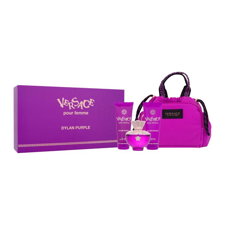 Versace Pour Femme Dylan Purple Set cadou Apă de parfum 100 ml + gel de duș 100 ml + loțiune de corp 100 ml + geantă de mână Cutie cu defect