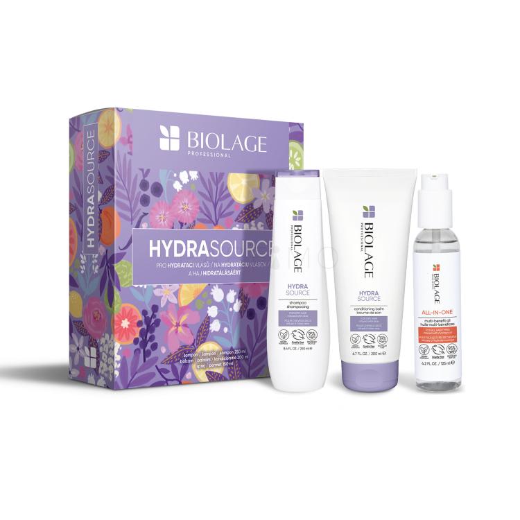 Biolage Hydra Source Set cadou Șampon Hydra Source 250 ml + balsam Hydra Source 200 ml + ulei pentru păr All-In-One Multi-Benefit Oil 125 ml