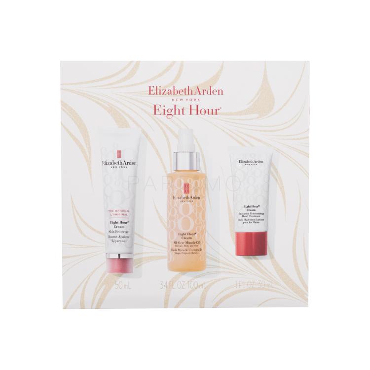 Elizabeth Arden Eight Hour Cream Holiday Miracle Set cadou Ulei multifuncțional Eight Hour Cream All-Over Miracle Oil 100 ml + balsam pentru față și corp Eight Hour Cream Skin Protectant 50 ml + cremă pentru mâini Eight Hour Cream Intensive Moisturizing Hand Treatment 30 ml Cutie cu defect