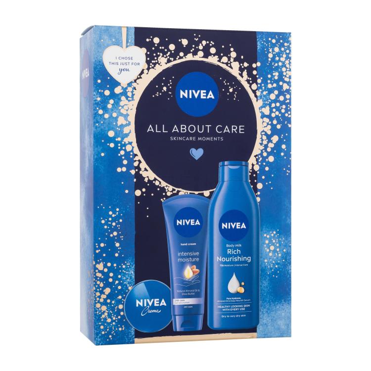 Nivea All About Care Set cadou Cremă universală Creme 30 ml + Cremă de mâini Intensive Moisture 100 ml + Lapte de corp Rich Nourishing 250 ml