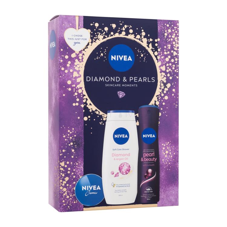 Nivea Diamond &amp; Pearls Set cadou Cremă universală Creme 30 ml + antiperspirant Pearl &amp; Beauty Black 150 ml + cremă de duș Diamond &amp; Argan Oil 250 ml