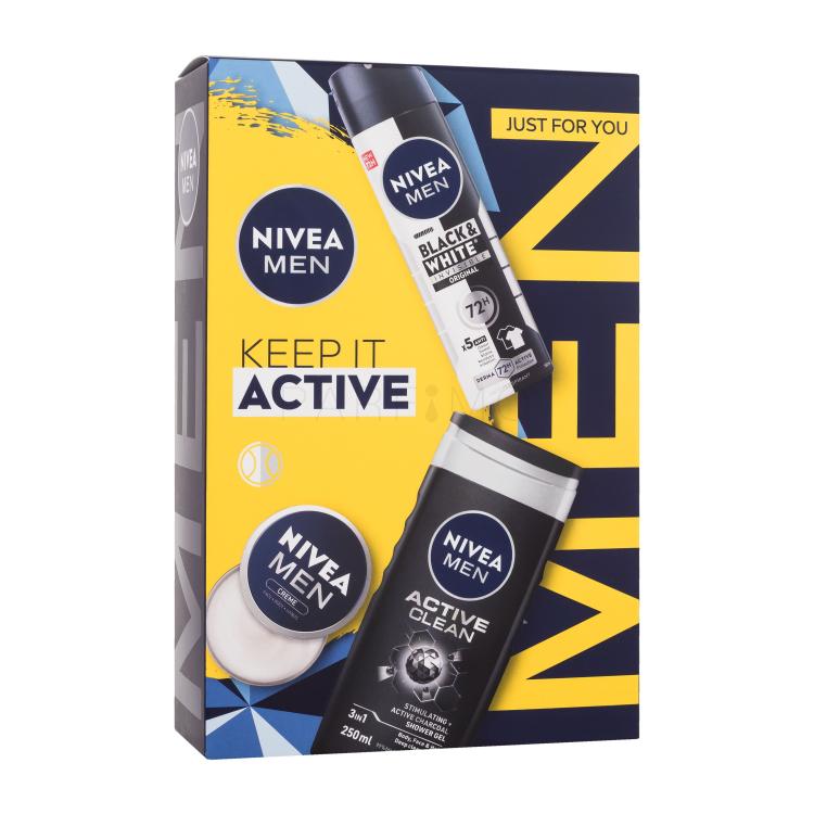 Nivea Men Keep It Active Set cadou Cremă pentru față, corp și mâini Men Creme 30 ml + antiperspirant Men Invisible Black &amp; White Original 150 ml + gel de duș Men Active Clean 250 ml