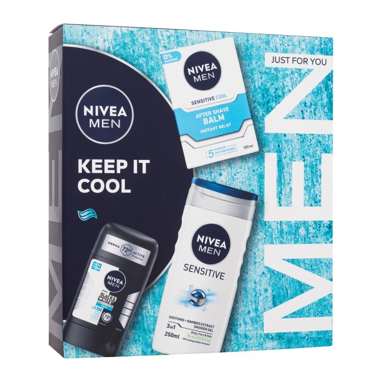 Nivea Men Keep It Cool Set cadou Antiperspirant Invisible Black &amp; White Fresh 50 ml + balsam după ras Men Sensitive Cool 100 ml + gel de duș Men Sensitive 250 ml