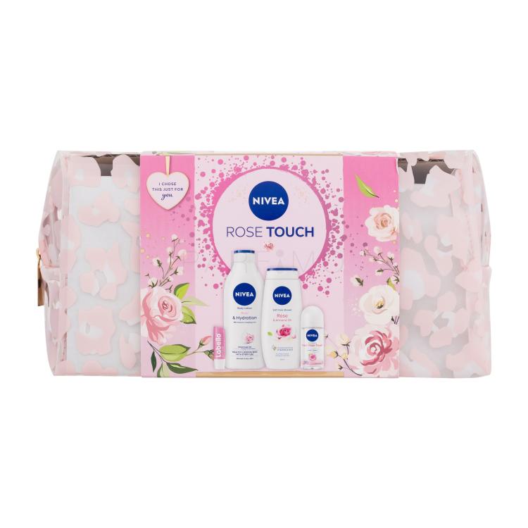 Nivea Rose Touch Set cadou Antiperspirant Fresh Rose Touch 50 ml + lapte de corp Rose &amp; Hydration 400 ml + gel de duș Rose &amp; Almond Oil 250 ml + balsam de buze Labello Soft Rosé 4,8 g + Trusă cosmetic