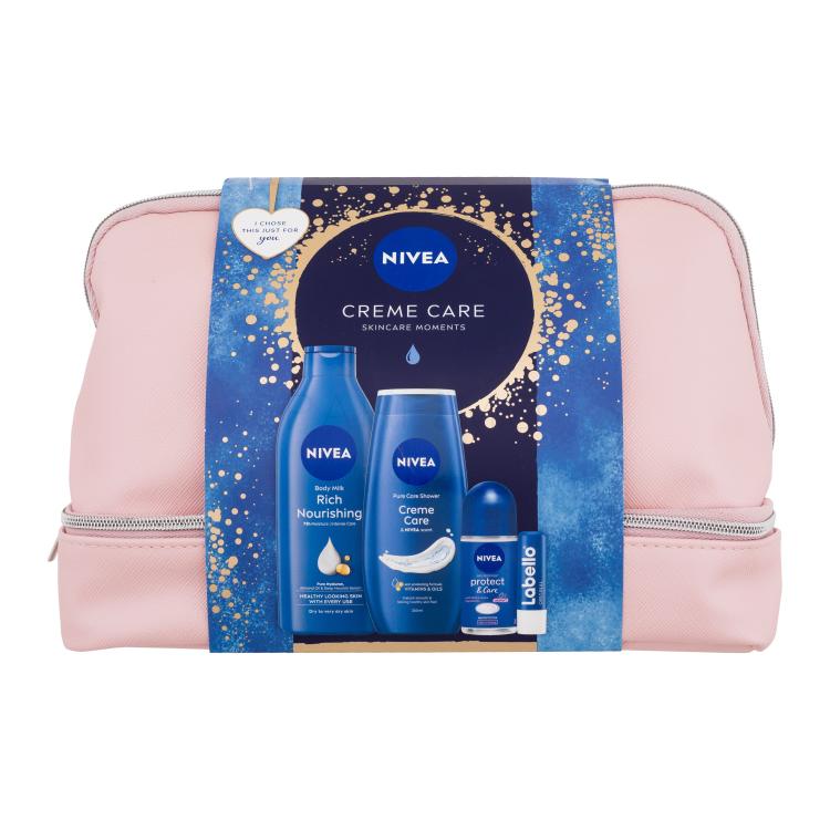 Nivea Creme Care Skincare Moments Set cadou Loțiune de corp Rich Nourishing 400 ml + gel de duș Creme Care 250 ml + antiperspirant Protect &amp; Care 50 ml + balsam de buze Labello Original 4,8 g + geantă cosmetică