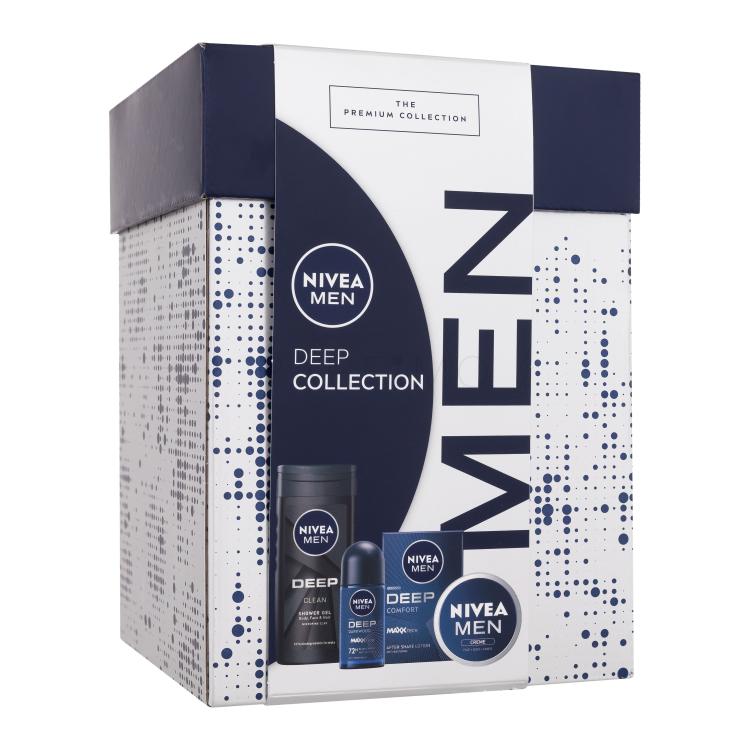 Nivea Men Deep Collection Set cadou Cremă pentru față, corp și mâini Men Creme 75 ml + apă după ras Men Deep Comfort 100 ml + antiperspirant Men Deep Darkwood 50 ml + gel de duș Men Deep Clean 250 ml