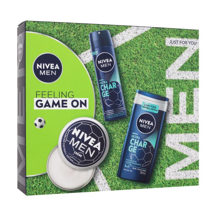 Nivea Men Feeling Game On Set cadou Crema de față, corp și mâini Men Creme 150 ml + antiperspirant Men Ultra Charge 150 ml + gel de duș Men Ultra Charge 250 ml