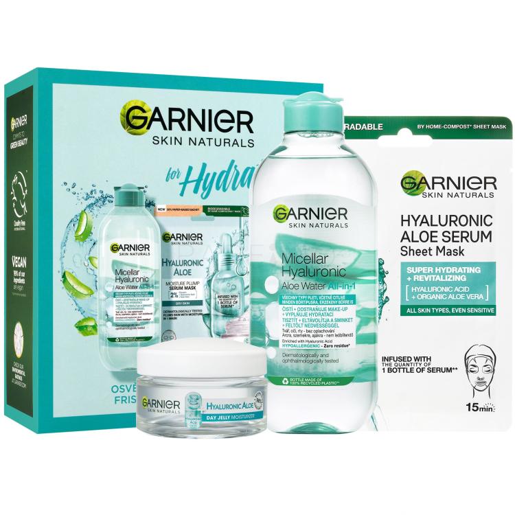 Garnier Skin Naturals Hyaluronic Aloe for Hydrating Set cadou Gel hidratant pentru față Skin Naturals cu Aloe și Acid Hialuronic 50 ml + apă micelară Skin Naturals cu Aloe și Acid Hialuronic 400 ml + mască de față Skin Naturals cu Aloe și Acid Hialuronic 28 g