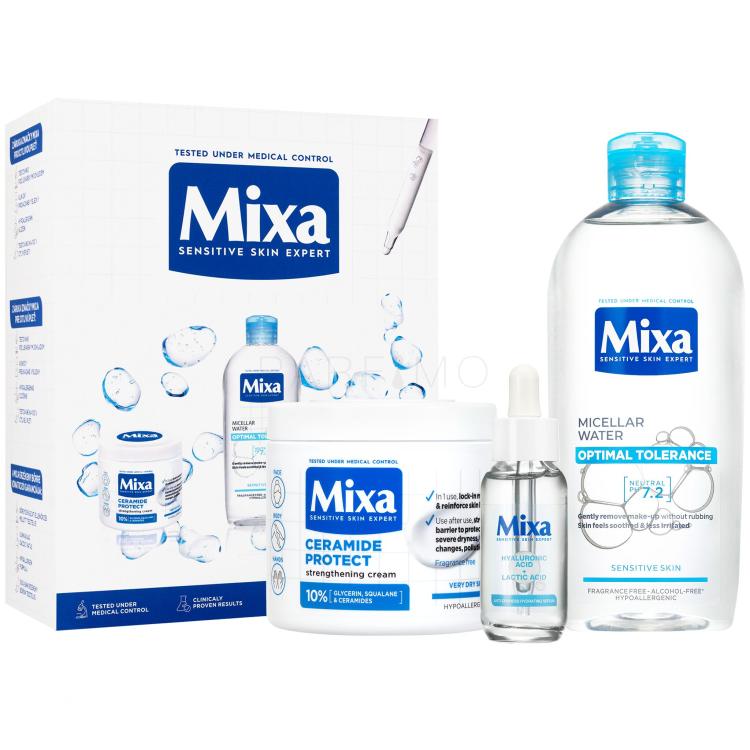 Mixa Hyaluronic Acid + Lactic Acid Anti-Dryness Hydrating Serum Set cadou Serum pentru față cu Acid Hialuronic și Acid Lactic 30 ml + apă micelară Optimal Tolerance 400 ml + cremă de corp Ceramide Protect Strengthening 400 ml