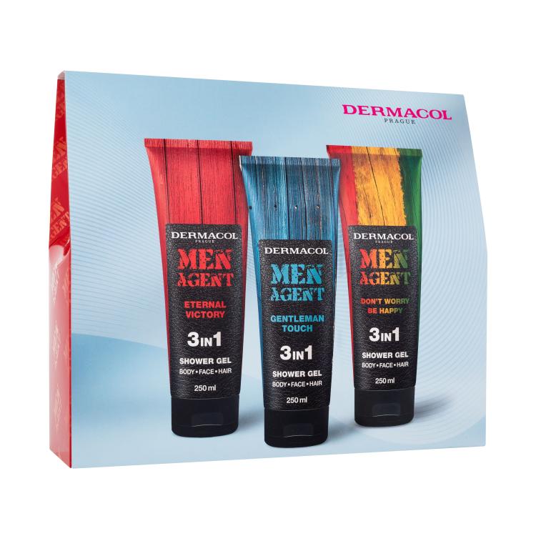 Dermacol Men Agent Set cadou Gel de duș Men Agent Eternal Victory 3in1 250 ml + gel de duș Men Agent Gentleman Touch 3in1 250 ml + gel de duș Men Agent Don&#039;t Worry Be Happy 3in1 250 ml