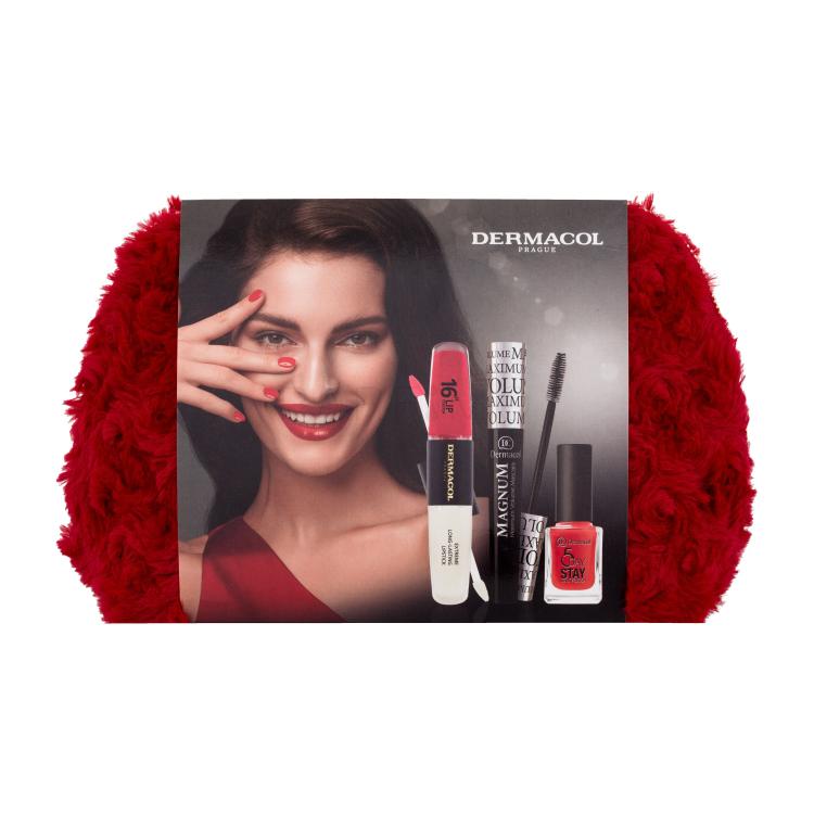 Dermacol Magnum Maximum Volume Set cadou Rimel Magnum Maximum Volume 9 ml negru + ruj de lungă durată 16H Lip Colour 8 ml 20 + lac de unghii 5 Day Stay 11 ml 21 + geantă cosmetică