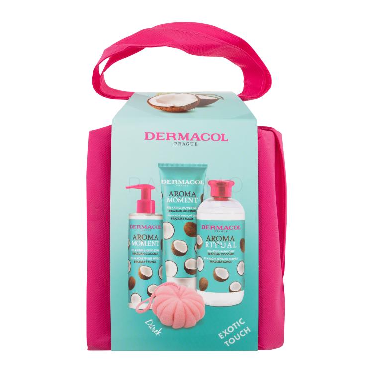 Dermacol Aroma Moment Brazilian Coconut Set cadou Gel de duș Brazilian Coconut 250 ml + spumă de baie Brazilian Coconut 500 ml + săpun lichid Brazilian Coconut 250 ml + burete de baie + trusă