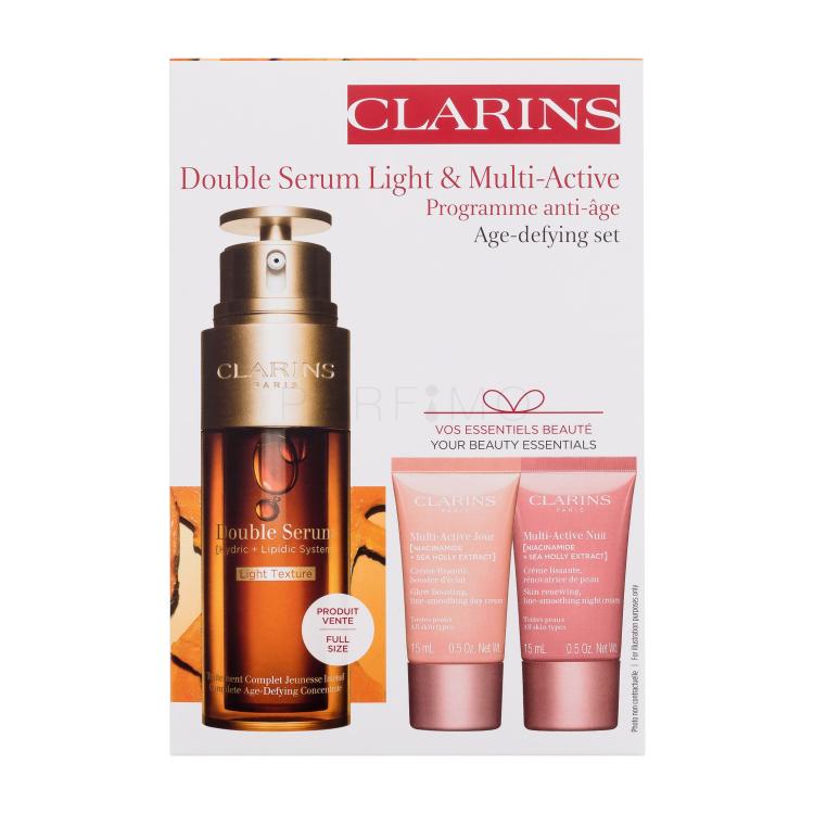 Clarins Double Serum Light &amp; Multi-Active Age-defying Set Set cadou Ser pentru față Double Serum Light Texture 50 ml + cremă de zi Multi-Active Day Cream 15 ml + cremă de noapte Multi-Active Night Cream 15 ml + ser pentru ochi Double Serum Eye 0,9 ml